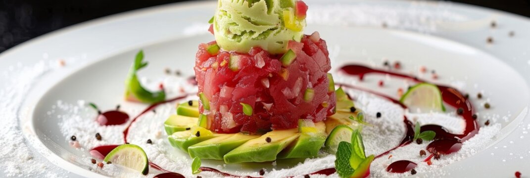 Tuna tartar made from raw fish, generative ai illustration