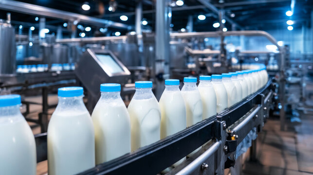 Rows of fresh milk bottles with blue caps moving along a conveyor belt in a modern dairy production facility