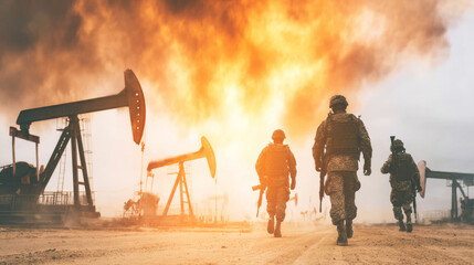 Naklejka premium Armed soldiers advancing through a battlefield with burning oil pumpjacks and smoke under a dramatic sky