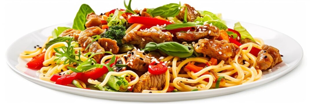 Noodles, Pasta or Yakisoba with Meat - Generative AI Illustration