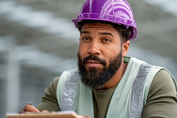 Fototapeta premium Construction worker writing notes at industrial construction site