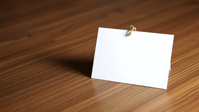 Blank notecard on wooden surface with angled composition, symbolizing simplicity and organization.