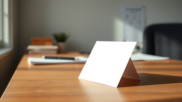 Minimalist wooden desk with a single blank notecard under soft natural lighting.