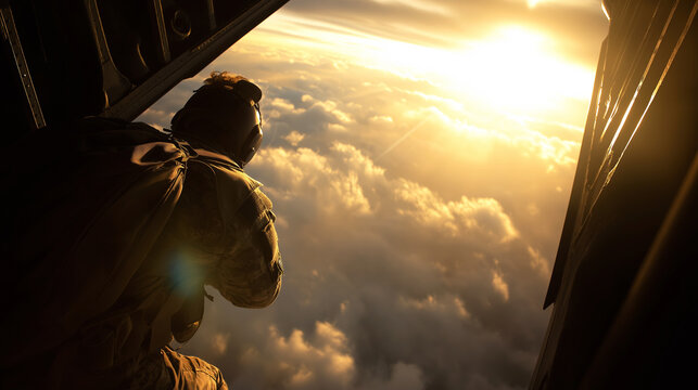 Military paratrooper preparing for airborne jump during breathtaking golden hour from aircraft door above clouds