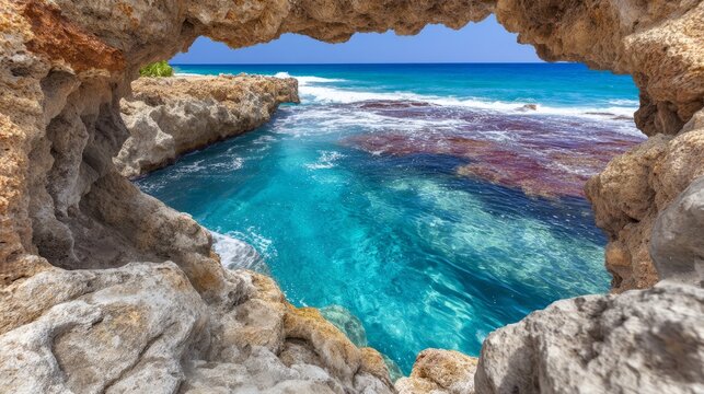 Coastal Rock Pool Carved Into Cliffs Viewed from Above with Turquoise Water