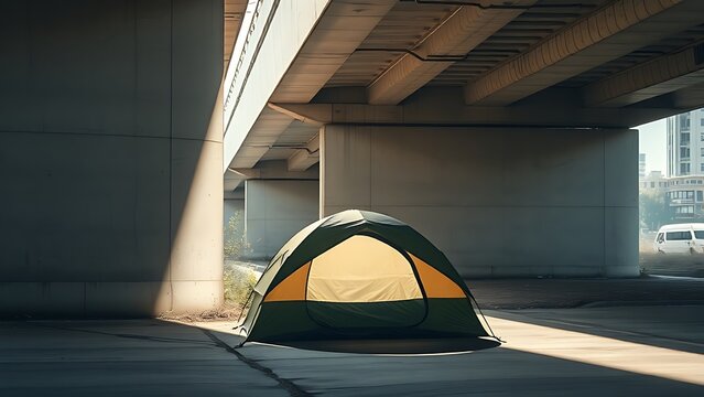 A temporary tent under a city bridge with soft ambient light and concrete textures.