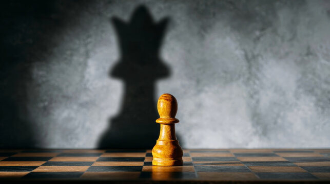 Wooden chess pawn casting queen shadow, symbolizing leadership potential and professional growth