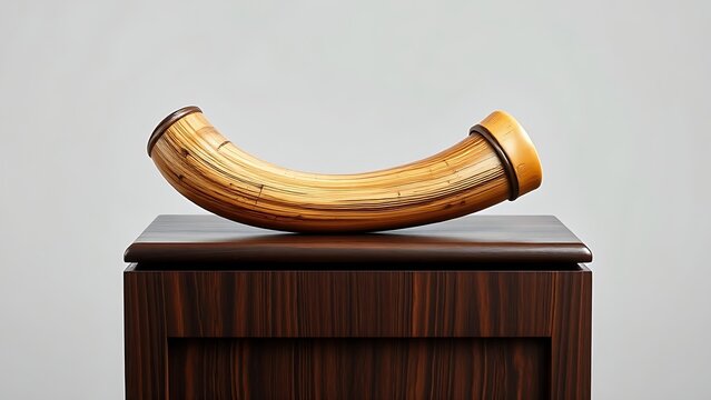 A polished ram's horn shofar resting on a dark wooden pedestal.