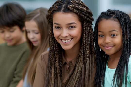 Teen girl smiling with younger girl in school setting