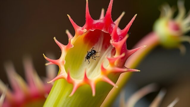 Extreme close-up of a Venus flytrap with its leaves shut, trapping an insect.