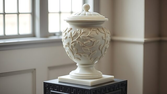 White marble urn with carved ivy patterns on a dark stone pedestal.