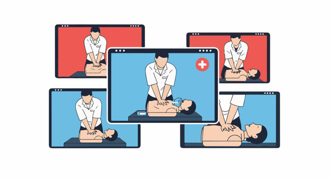 Animated instructional videos demonstrate cardiopulmonary resuscitation techniques on a dummy