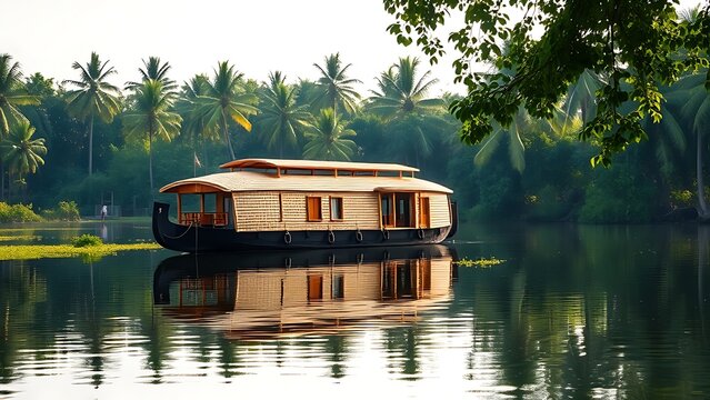 Traditional houseboat in Kerala backwaters, surrounded by green foliage and calm water.