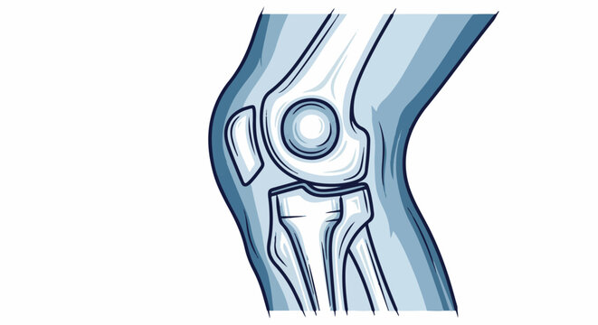 Artistic illustration of a human knee joint with bones in blue and white