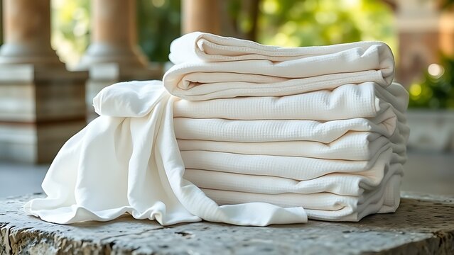 Neatly folded white togas on a stone bench with Roman architectural details.