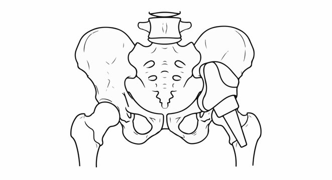 Anatomical illustration of a human pelvis with a hip prosthesis