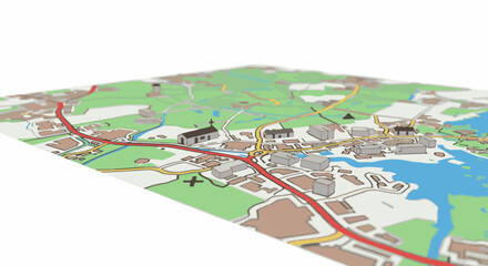Fototapeta premium Bird's eye view of a stylized town map with buildings, roads, water, and green spaces