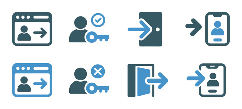 Login and logout icon set, sign in and sign out vector symbol illustration, user authentication interface icons, secure access and exit system concept