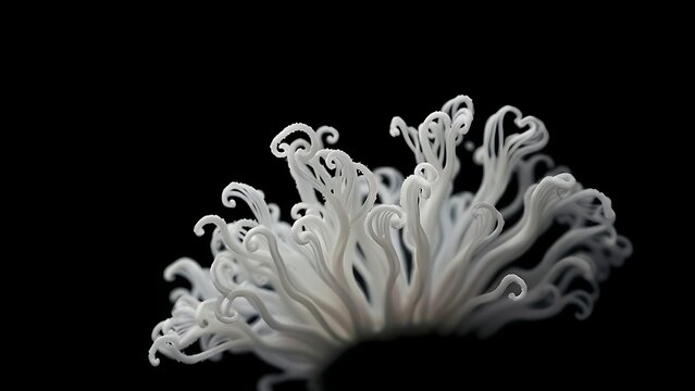 Delicate white fungal mycelium curling from a black background in intricate patterns.