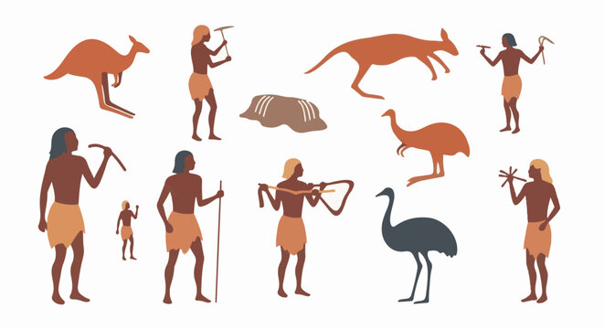 Ancient people and animals in a primitive art style