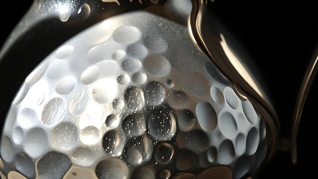 Light and shadow play across the hammered, textured surface of a polished pewter jug in close-up.