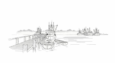 Fototapeta premium Black and white sketch of fishing boats docked at a wooden pier under a cloudy sky