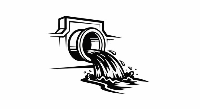 Black and white graphic of wastewater flowing from a pipe