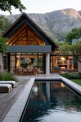 Naklejka premium Contemporary house with illuminated living area by pool