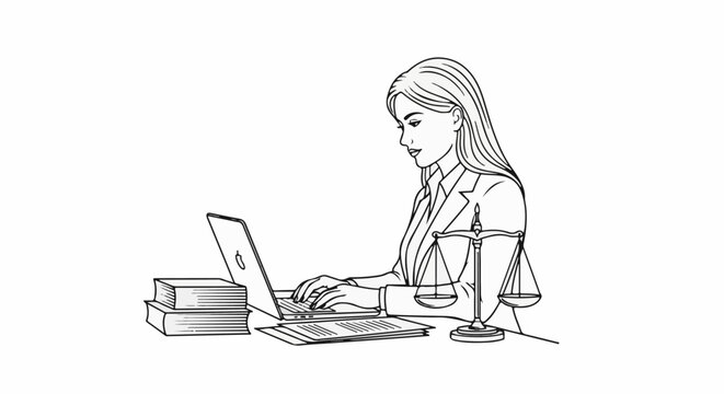 Attorney working on laptop with books and scales of justice at desk