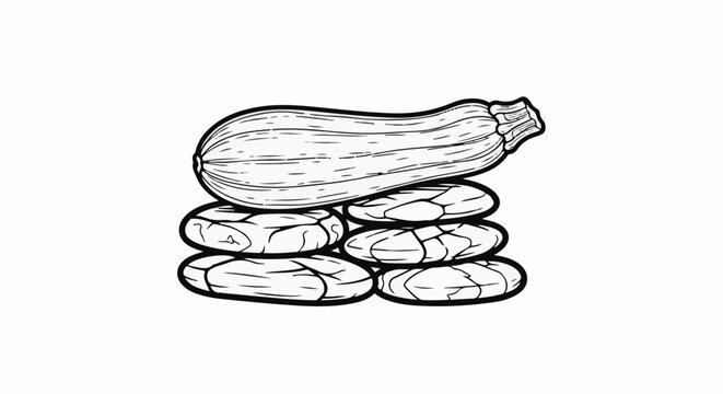 Black and white outline drawing of a long gourd resting on stacked oval stones