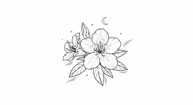 Black and white outline sketch of celestial floral arrangement with crescent moon
