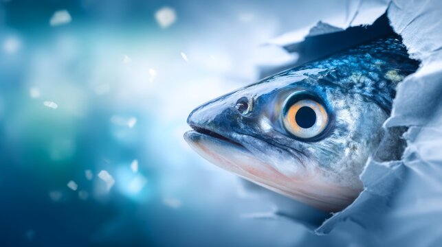 Fish Head Protruding From Torn Paper Slit with Scales and Details