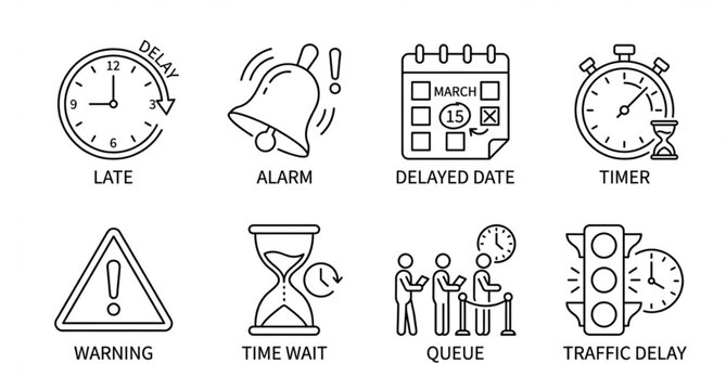 Late delay icon collection filled and outline clock alarm schedule vector set black white