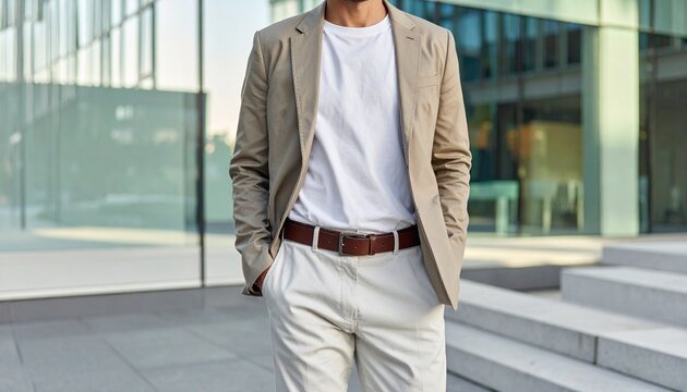 Breathable summer jacket paired with a thin T-shirt and lightweight slacks in an urban business casual look.
Set against a modern glass building exterior with reflective light creating a clean refined