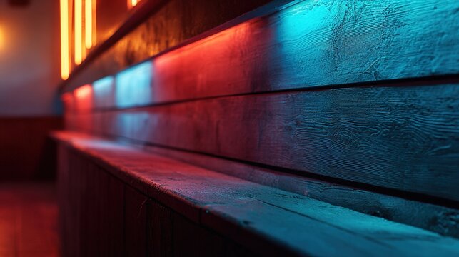hangout. Neon lights casting a glow on a rustic wooden wall, creating an atmospheric bar ambiance. bar promotions, beverage menus, designed for food & beverage menus and cafe branding.