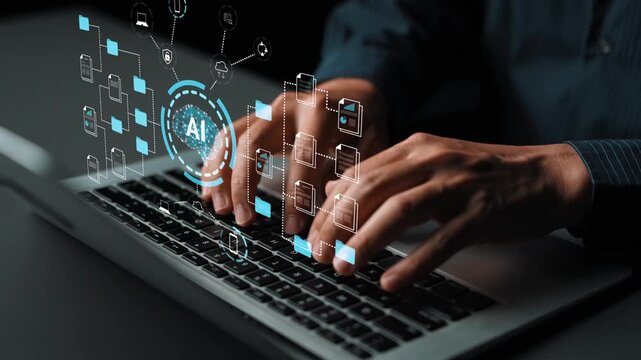 Hands Typing on Laptop with Artificial Intelligence Graphics Representing Data Processing and Technology Innovation in a Modern Workspace Gluon.