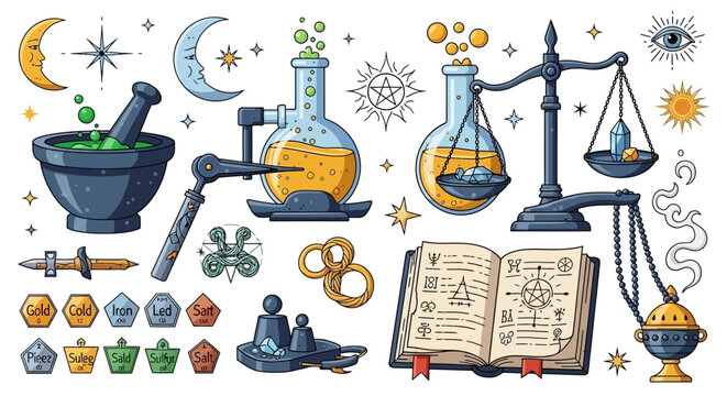 Mystical Alchemy Symbols, Potions, and Ancient Grimoire for Magic and Esoteric Concepts
