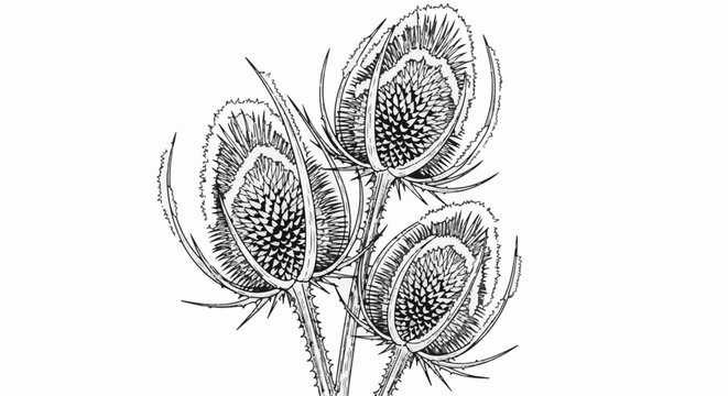 Black and white ink drawing of three spiky seed heads of a flowering plant