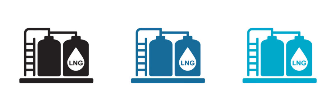 LNG terminal glyph vector icons set, liquefied natural gas storage and regasification symbols