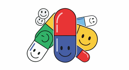 Fototapeta premium Cheerful cartoon capsules with happy faces in a vibrant assortment