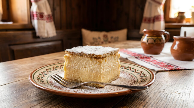 Cream and pastry cake from Slovenia known as blejska kremsnita (bled cream cake) served in plate with fork on traditional Slovenian restaurant background