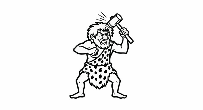 Cartoon caveman fiercely hitting himself on the head with a hammer