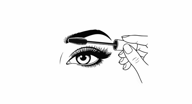 Close up of a human eye with dramatic eyelashes, applying mascara with a brush