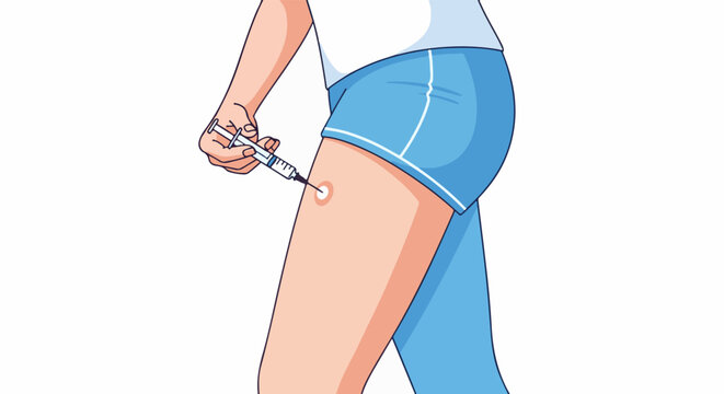 Close up of a person's leg receiving an injection in the thigh