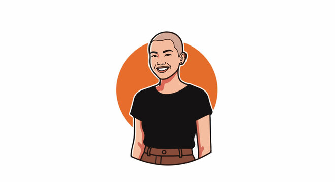 Cheerful person with a buzz cut smiles warmly, wearing a black shirt and brown pants