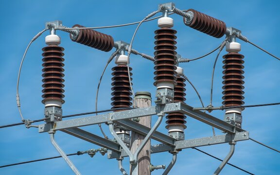 High voltage electrical insulator bushings on power transmission tower against blue sky