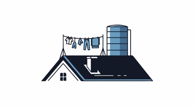 Clothes drying on a line above a roof with a silo and chimney
