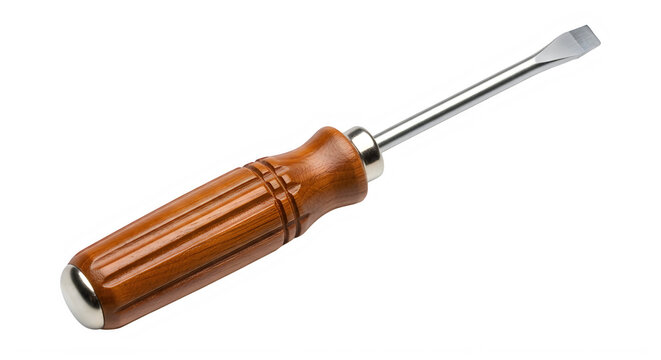 A close-up view of a wooden-handled flathead screwdriver with a polished metal tip. isolated on transparent background