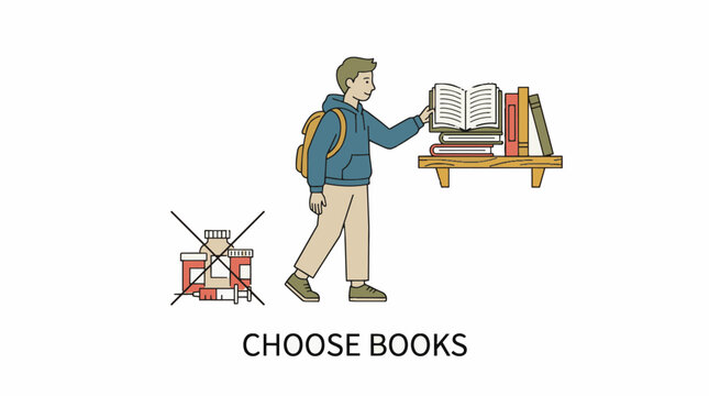 Student Choosing Books from a Library Bookshelf.