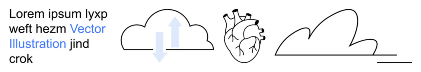 Fototapeta premium Weather forecasting, heart health, anatomy, data movement, climate science, medical studies. Abstract cloud shapes with arrows and a detailed human heart. Weather forecasting and heart health visuals